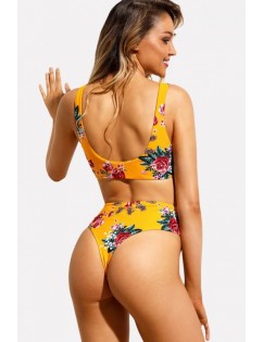 Orange Floral Print Knotted Padded High Waist Sexy Bikini Swimsuit