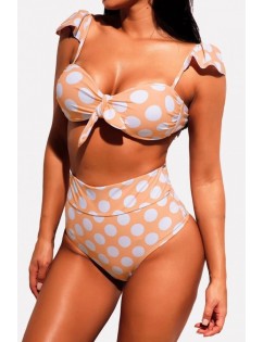 Light-brown Polka Dot Cap Sleeve High Waist Vintage Bikini Swimsuit