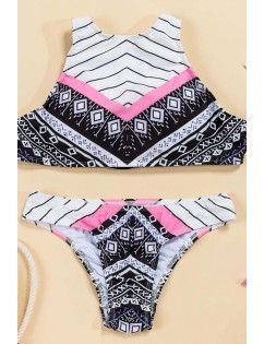 White Tribal Print High Neck Sexy Two Piece Swimsuit