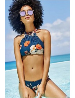 Dark Blue Halter Floral Print High Neck Ruched Cute Two Piece Crop Top Bikini Swimsuit