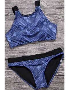 Dark Blue High Neck Geometric Print Strappy Cutout Lace Up Back Sexy Two Piece Crop Top Bikini Swimsuit
