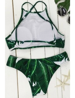 Green Leaf Print High Neck Sexy Two Piece Bikini Swimsuit