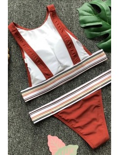 Dark-red Contrast Padded Crop Top Skimpy Thong Sexy Bikini