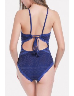 Blue Lace Crochet High Neck Padded Sexy One Piece Swimsuit