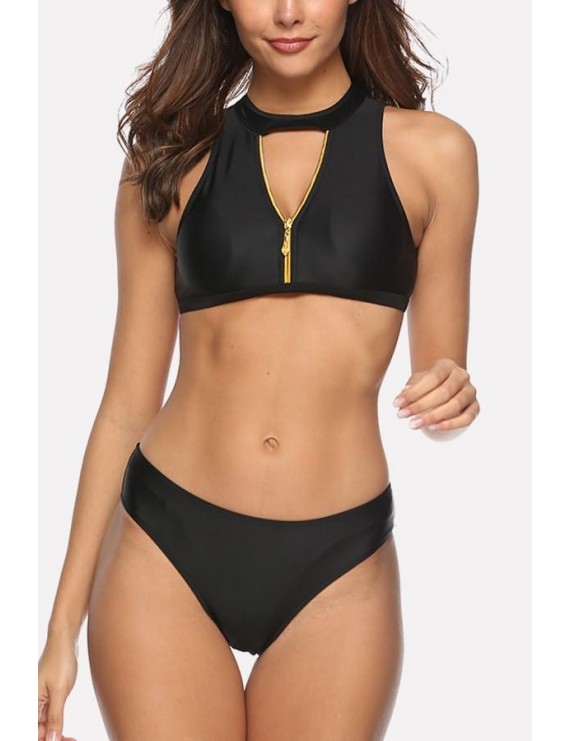 Black Back Cutout Zipper Front Crop Top Sexy Bikini