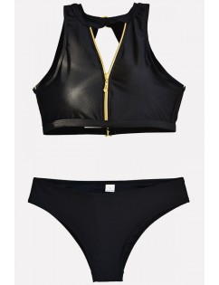 Black Back Cutout Zipper Front Crop Top Sexy Bikini