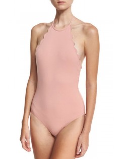 Solid Color Scalloped Trim High Neck One Piece Swimsuit
