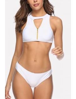 White Back Cutout Zipper Front Crop Top Sexy Bikini