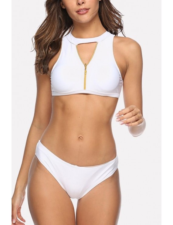 White Back Cutout Zipper Front Crop Top Sexy Bikini