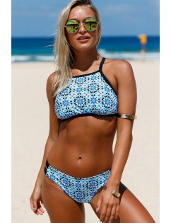 Blue Floral Print High Neck Sexy Two Piece Swimsuit