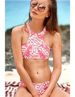 Pink High Neck Graphic Print Strappy Lace Up Back Sexy Two Piece Crop Top Bikini Swimsuit