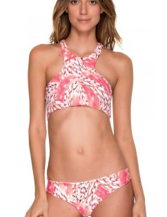 Pink High Neck Graphic Print Strappy Lace Up Back Sexy Two Piece Crop Top Bikini Swimsuit