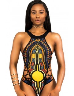 Black High Neck African Tribal Print Strappy Caged High Cut Sexy Cheeky One Piece Swimsuit