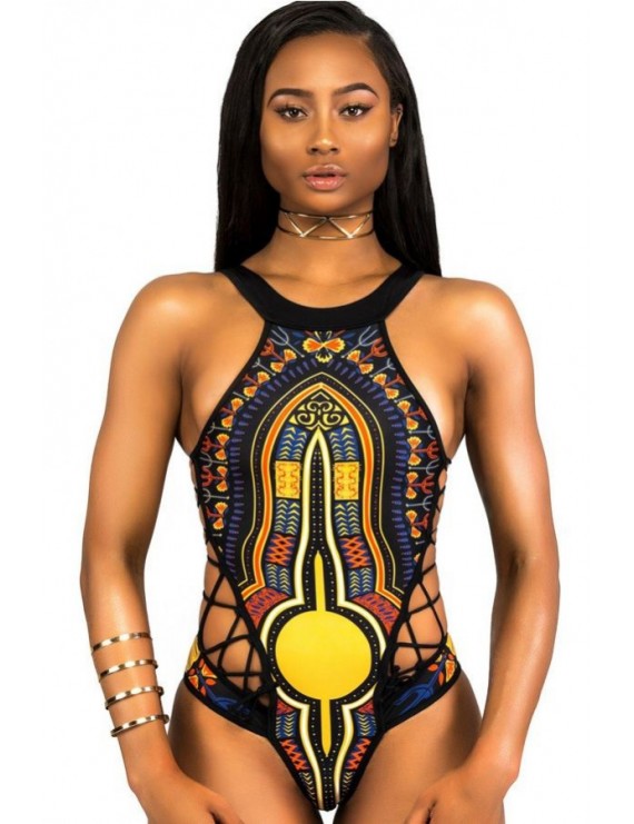 Black High Neck African Tribal Print Strappy Caged High Cut Sexy Cheeky One Piece Swimsuit