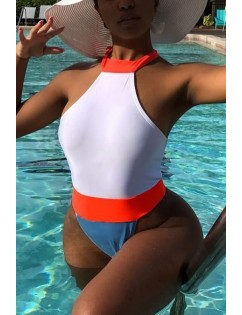 White Color Block High Neck High Cut Thong Sexy One Piece Swimsuit