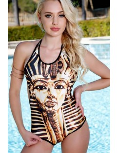 Gold Graphic Print Halter Cross Back Sexy Swimsuit