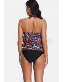 Red Geo Print Halter Layered Ruffles Sexy Tankini Swimsuit