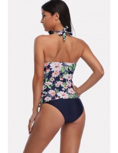 Dark-blue Floral Print Halter Layered Ruffles Sexy Tankini Swimsuit