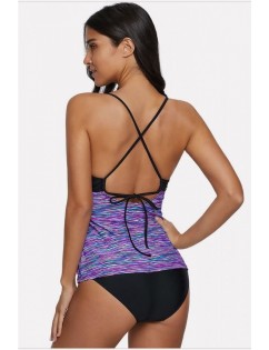 Purple Printed Crisscross Back Tied Sexy Tankini Swimsuit