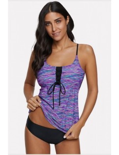 Purple Printed Crisscross Back Tied Sexy Tankini Swimsuit