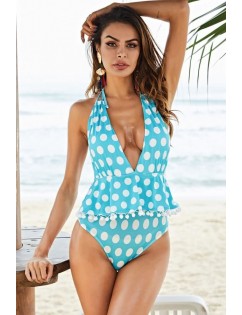 Light-blue Polka Dot Halter Backless Pom Pom Sexy Plus Size Swimsuit