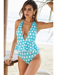 Light-blue Polka Dot Halter Backless Pom Pom Sexy Plus Size Swimsuit
