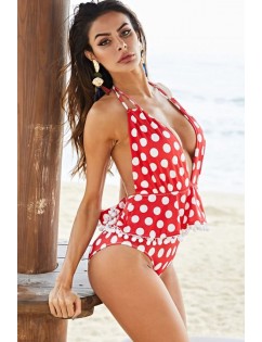 Red Polka Dot Halter Backless Pom Pom Sexy Plus Size Swimsuit