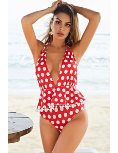 Red Polka Dot Halter Backless Pom Pom Sexy Plus Size Swimsuit