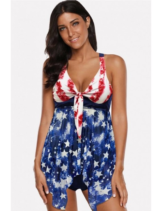 Blue American Flag Print Halter Knotted Sexy Tankini