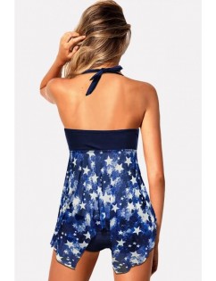 Blue American Flag Print Halter Knotted Sexy Tankini