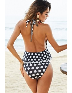 Black Polka Dot Halter Backless Pom Pom Sexy Plus Size Swimsuit