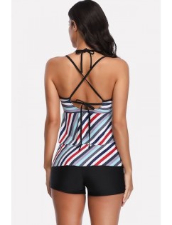 Black Striped Layered Crisscross Boyshort Sexy Tankini Swimsuit