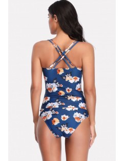 Blue Floral Print Back Crisscross Sexy Tankini Swimsuit
