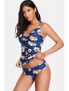 Blue Floral Print Back Crisscross Sexy Tankini Swimsuit