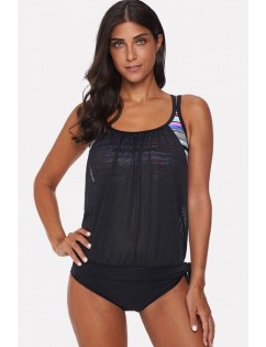 Black Printed Mesh Crisscross Back Sexy Tankini Swimsuit