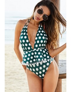Dark-green Polka Dot Halter Backless Pom Pom Sexy Plus Size Swimsuit