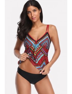 Red Tribal Print V Neck Padded Sexy Tankini Swimsuit