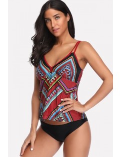 Red Tribal Print V Neck Padded Sexy Tankini Swimsuit