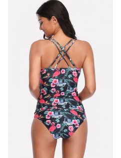Black Floral Print Back Crisscross Sexy Tankini Swimsuit
