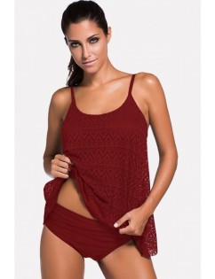 Dark-red Lace Spaghetti Straps Sexy Tankini Swimsuit