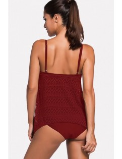Dark-red Lace Spaghetti Straps Sexy Tankini Swimsuit