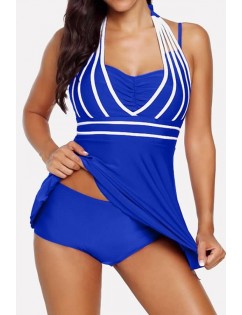 Ruched Contrast Stripe Halter Padded Sexy Tankini