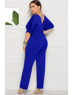 Blue Tied Waist V Neck Sexy Plus Size Jumpsuit