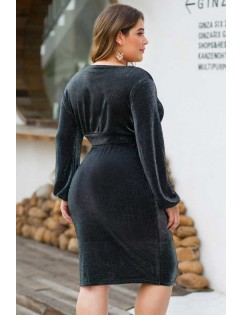 Black Glitter V Neck Long Sleeve Sexy Crop Top Skirts Set