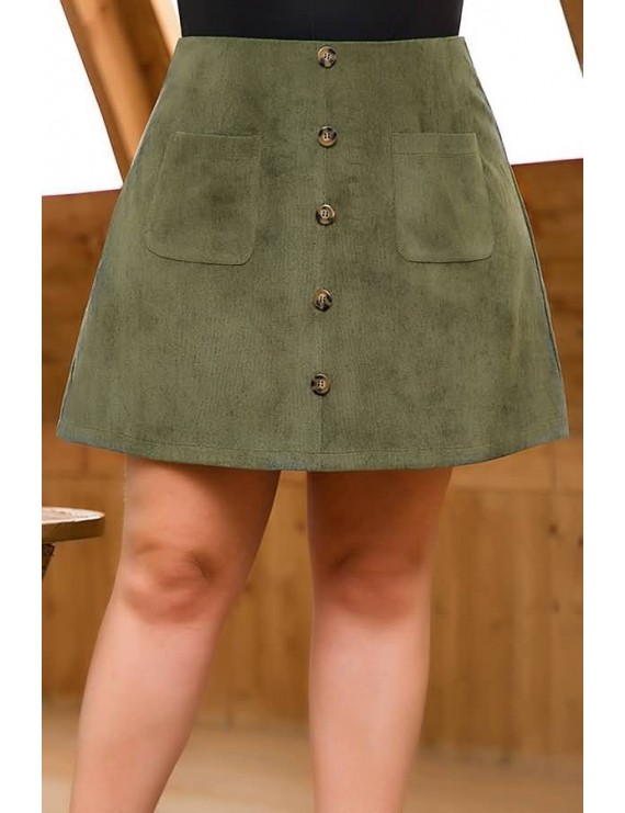 Army-green Corduroy Button Decor Pocket Casual Plus Size Skirt