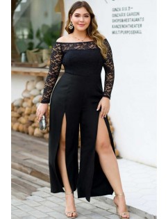 Black Lace Splicing Off Shoulder High Slit Long Sleeve Sexy Plus Size Jumpsuit