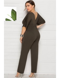 Army-green Tied Waist V Neck Sexy Plus Size Jumpsuit