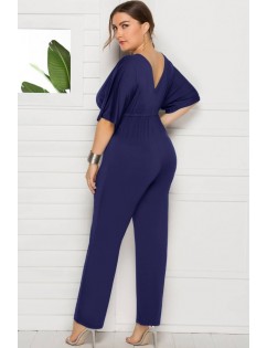 Dark-blue Tied Waist V Neck Sexy Plus Size Jumpsuit