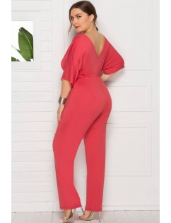 Hot-pink Tied Waist V Neck Sexy Plus Size Jumpsuit