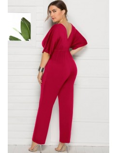 Dark-red Tied Waist V Neck Sexy Plus Size Jumpsuit